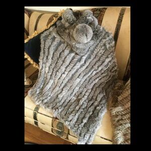 Rabbit Fur Scarf Muffler Pom Pom Grey Multicolor